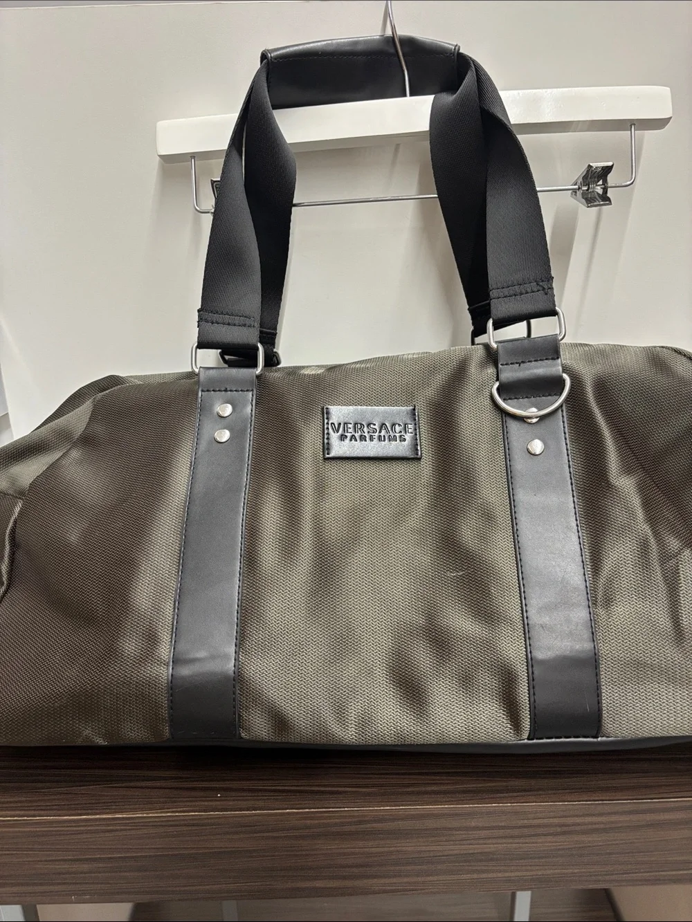 Versace Parfums Olive Green and Black Travel Duffle Bag - Broken Zipper